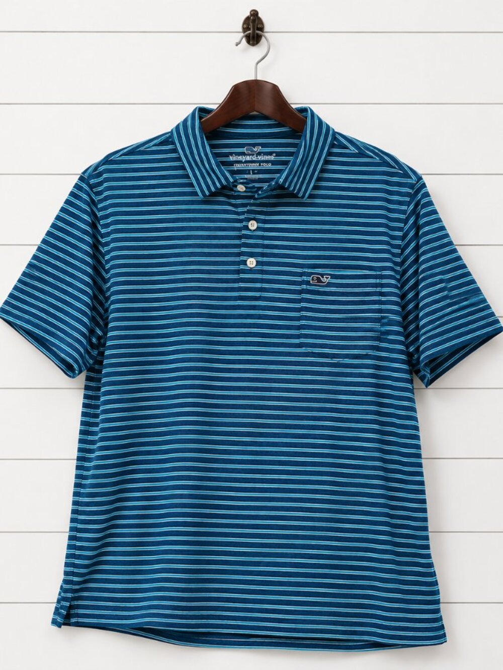 Vineyard Vines Edgartown Polo Men’s Large Navy Blue Aqua Striped Performance